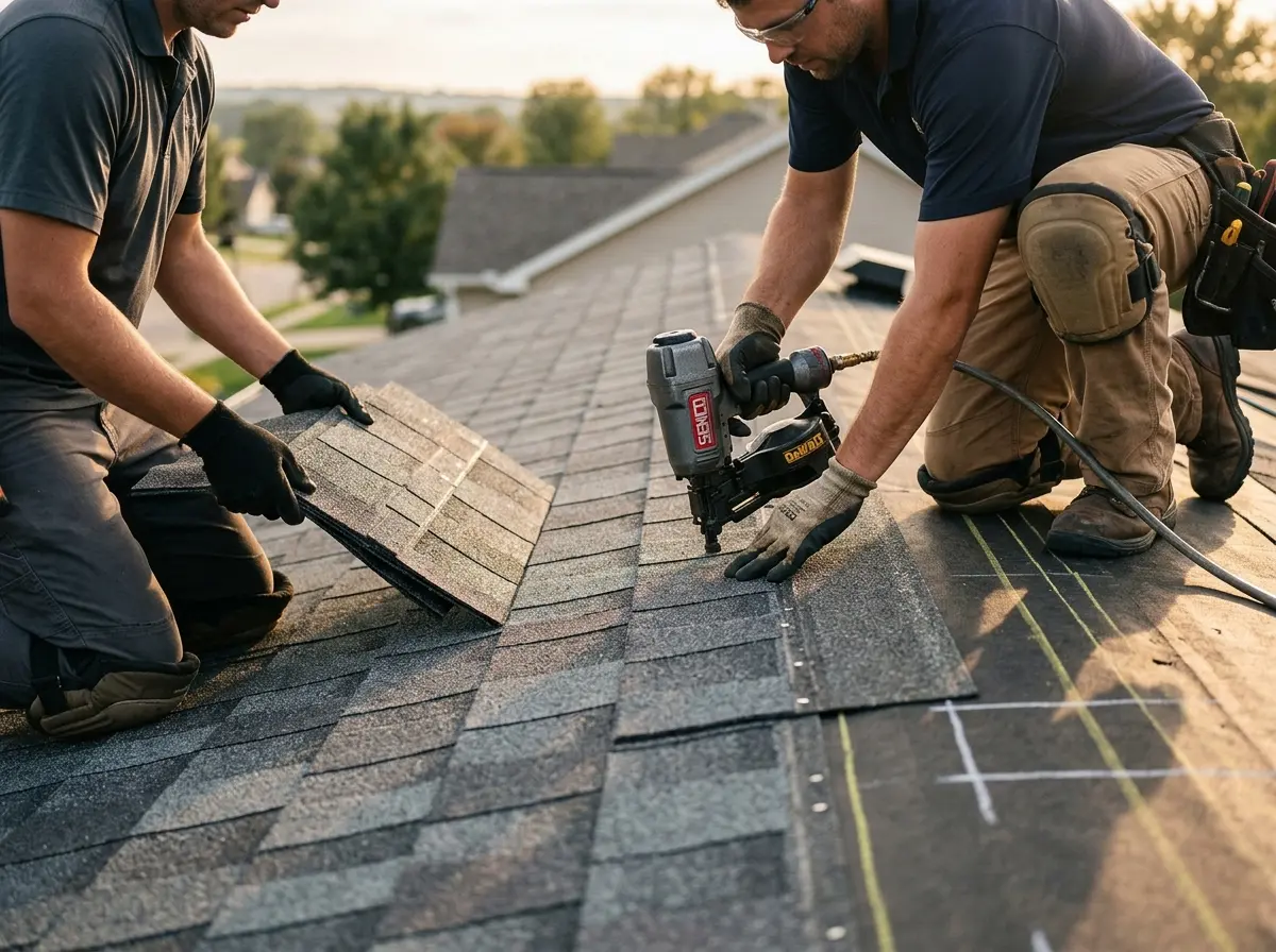 Professional roofer working on a residential roof in LaSalle